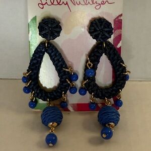 Lilly Pulitzer Dark Blue Woven Teardrop Dangle Earrings with Blue Beads